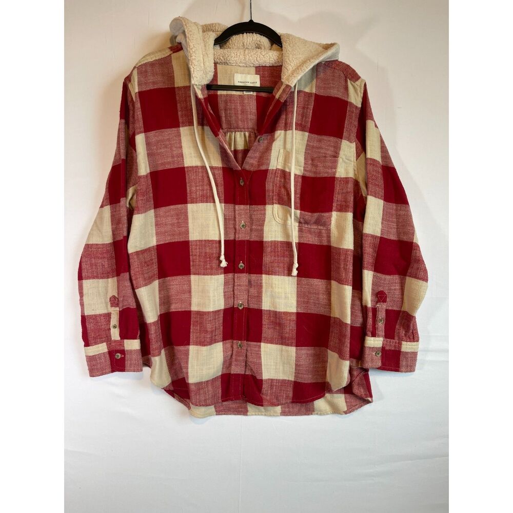 American Eagle Red Buffalo Plaid Sherpa Hooded Shacket L